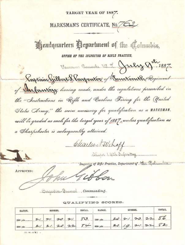 Gilbert S. Carpenter Marksman certificates - (1866-1890) PLAINS INDIAN ...